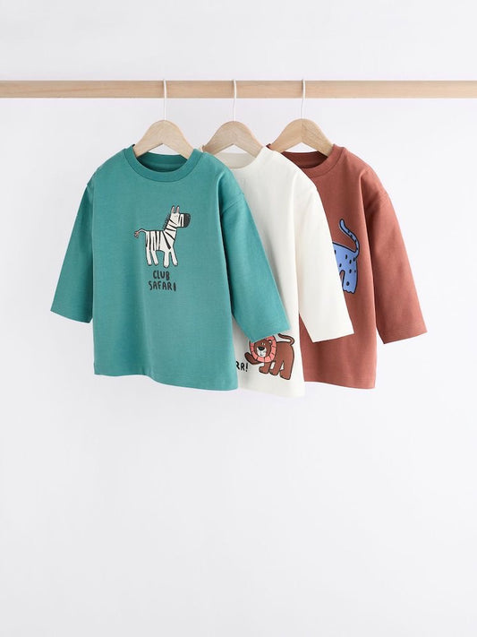 Blue/Brown Long Sleeve Animal Print Character T-Shirts 3 Pack