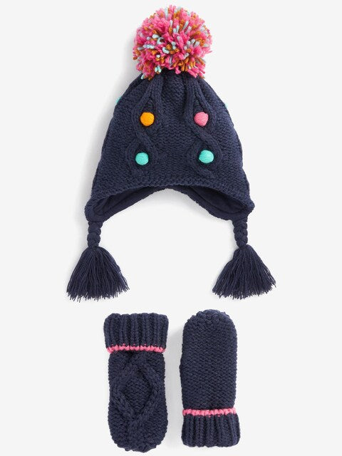 Navy Blue 2 Piece Pom Pom Trapper Hat And Mittens Set