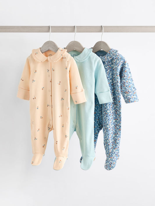Cream/Blue Collared Sleepsuit 3 Pack