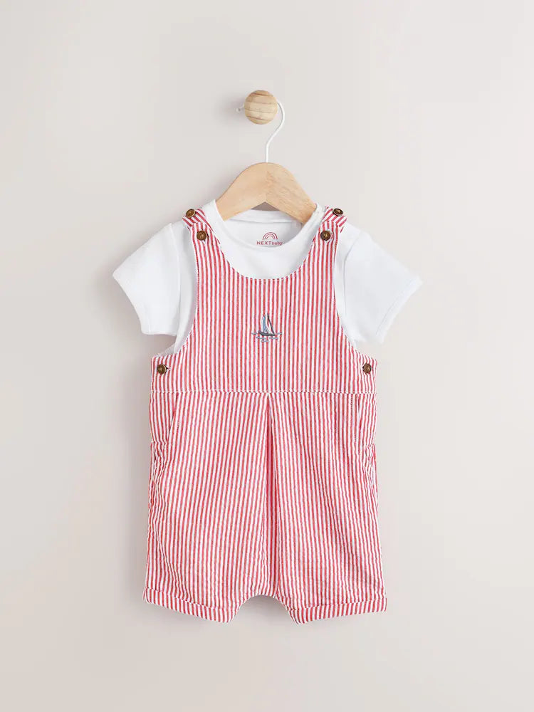 Red Stripe Woven Dungaree and Bodysuit Set