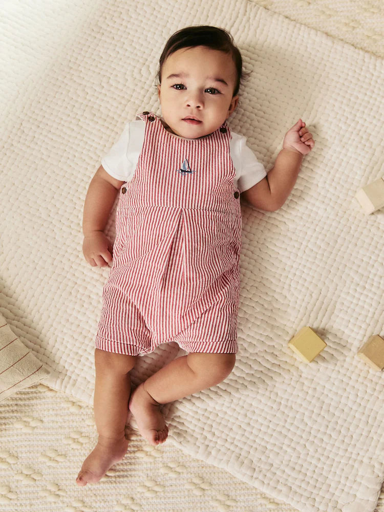 Red Stripe Woven Dungaree and Bodysuit Set