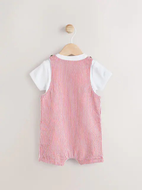 Red Stripe Woven Dungaree and Bodysuit Set