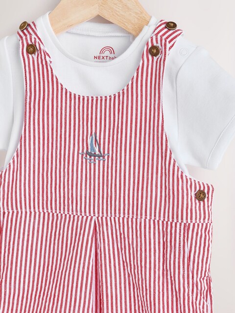 Red Stripe Woven Dungaree and Bodysuit Set