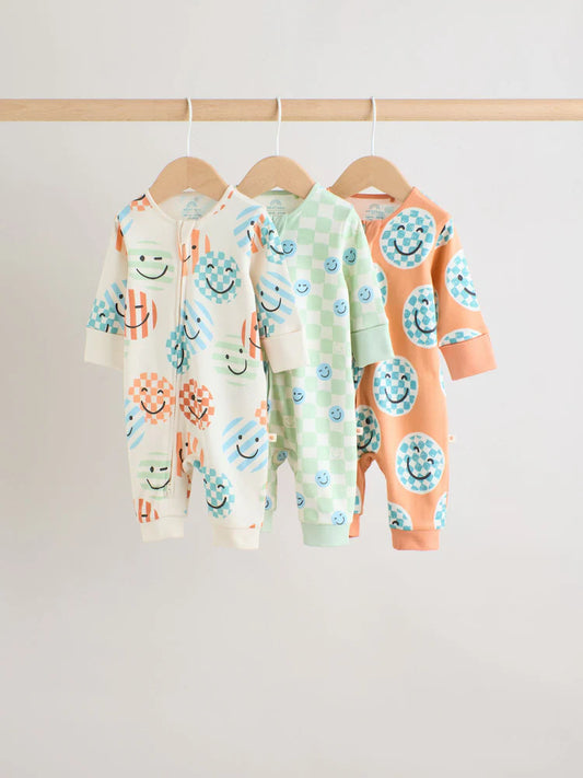 Orange 3 Pack Two Way Zip Sleepsuits