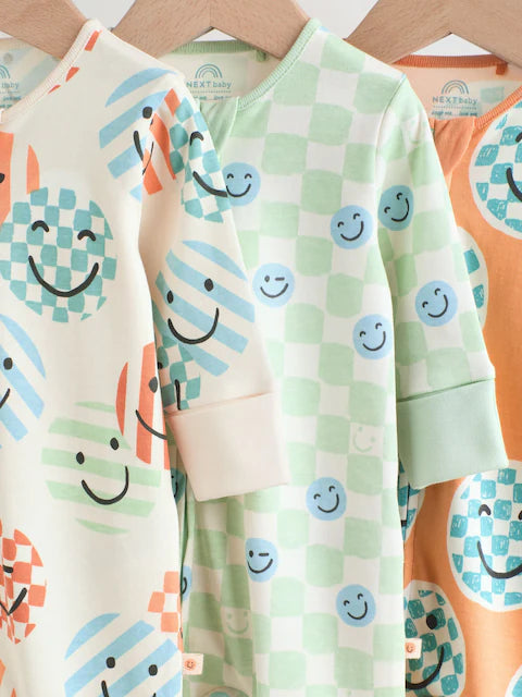 Orange 3 Pack Two Way Zip Sleepsuits