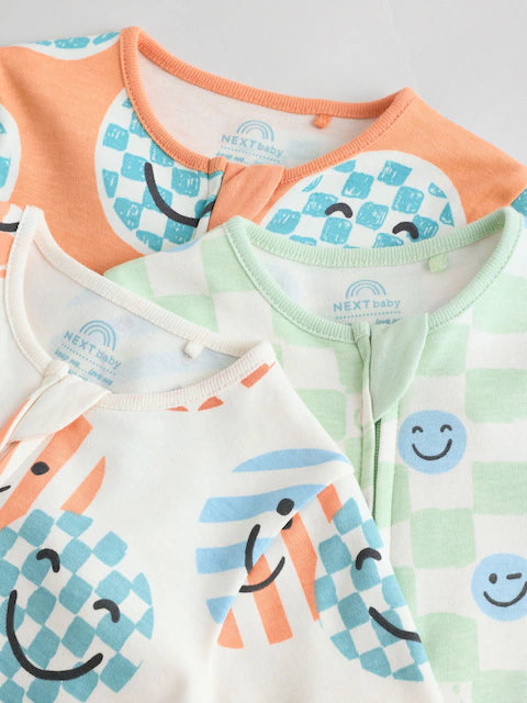 Orange 3 Pack Two Way Zip Sleepsuits