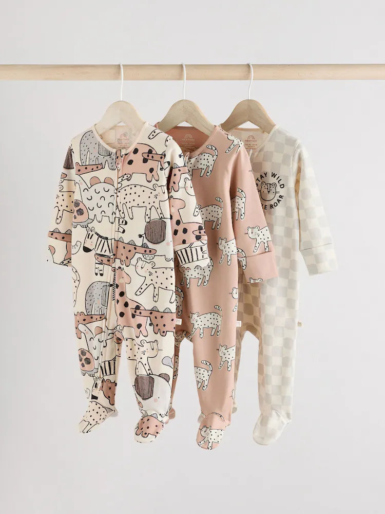 Brown/Cream Baby Two Way Zip Sleepsuits 3 Pack