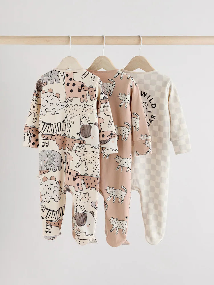 Brown/Cream Baby Two Way Zip Sleepsuits 3 Pack