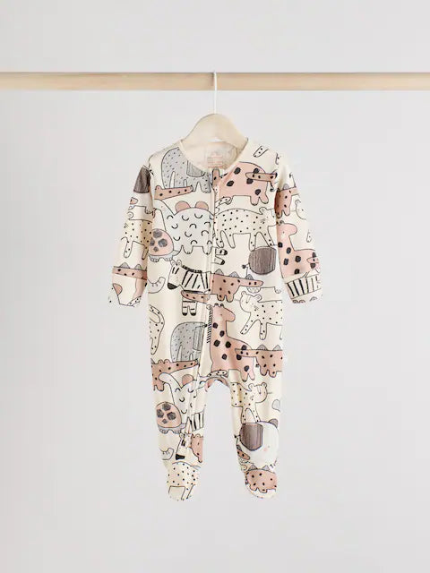 Brown/Cream Baby Two Way Zip Sleepsuits 3 Pack