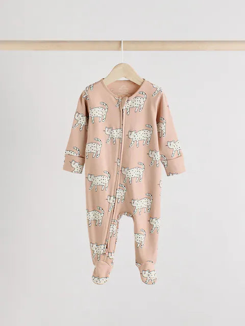 Brown/Cream Baby Two Way Zip Sleepsuits 3 Pack