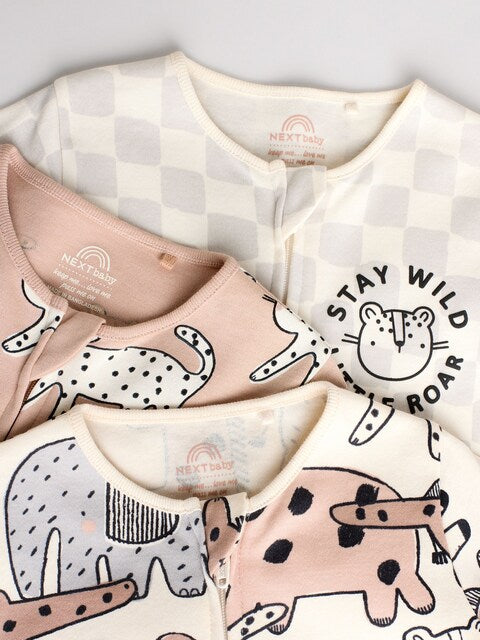 Brown/Cream Baby Two Way Zip Sleepsuits 3 Pack