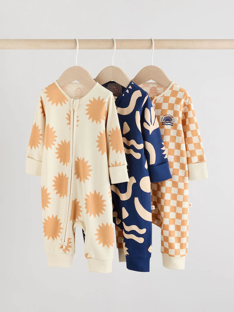 Navy/Camel 3 pack Zip Footless Sleepsuits