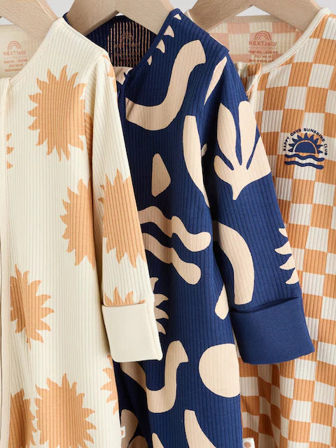 Navy/Camel 3 pack Zip Footless Sleepsuits