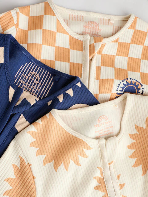 Navy/Camel 3 pack Zip Footless Sleepsuits