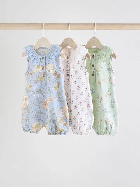 Floral Printed Broderie 3 Pack Baby Rompers