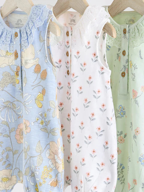 Floral Printed Broderie 3 Pack Baby Rompers