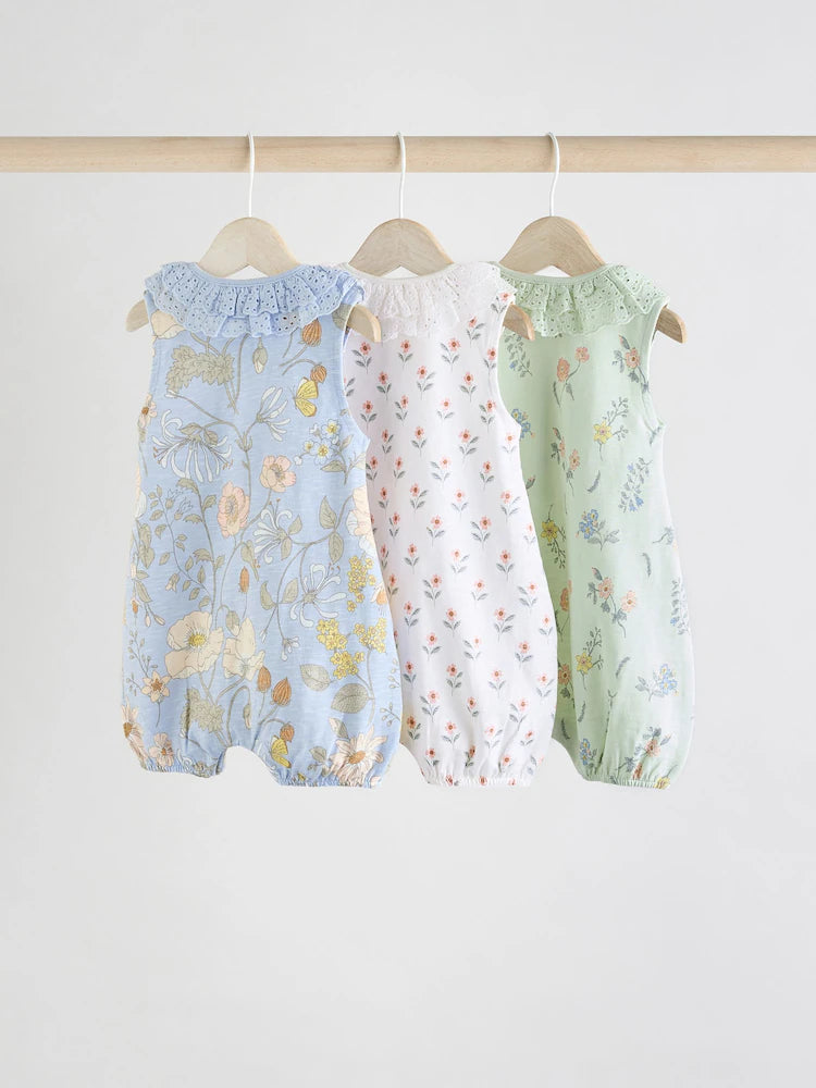 Floral Printed Broderie 3 Pack Baby Rompers
