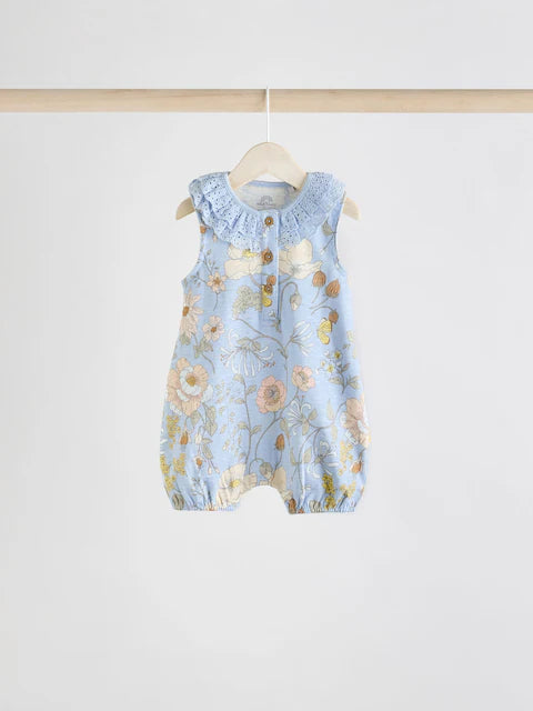 Floral Printed Broderie 3 Pack Baby Rompers