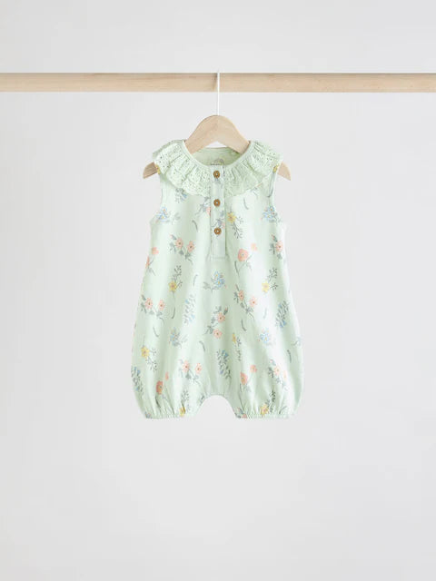 Floral Printed Broderie 3 Pack Baby Rompers