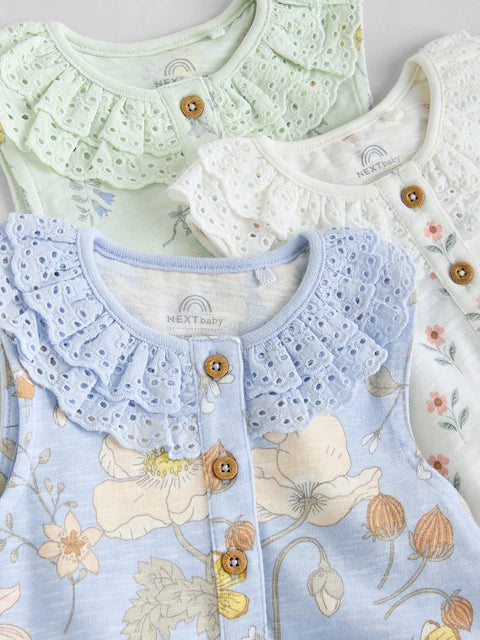 Floral Printed Broderie 3 Pack Baby Rompers