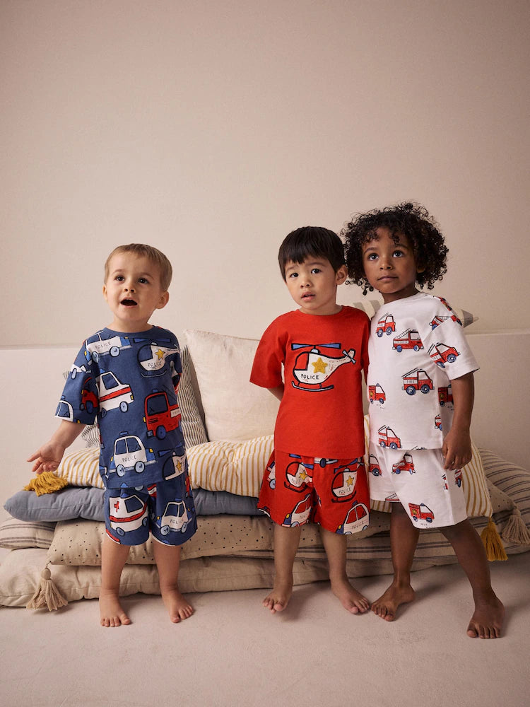 Red/Navy/White Emergency Vehicles Short Pyjamas 3 Pack
