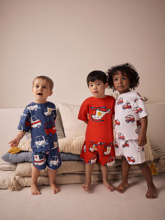 Red/Navy/White Emergency Vehicles Short Pyjamas 3 Pack
