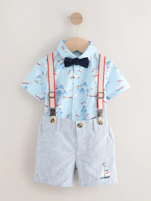 Blue/White Ship All Over Printed Shirt, Braces, Short & Bow Tie Set