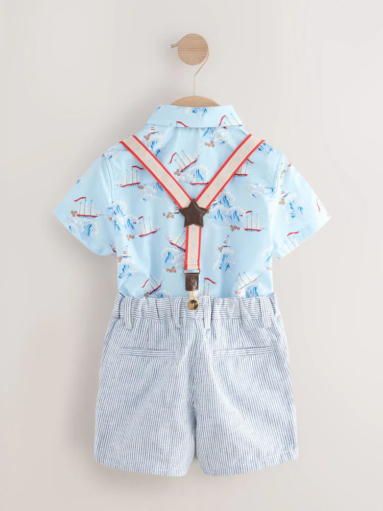 Blue/White Ship All Over Printed Shirt, Braces, Short & Bow Tie Set