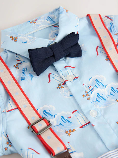 Blue/White Ship All Over Printed Shirt, Braces, Short & Bow Tie Set