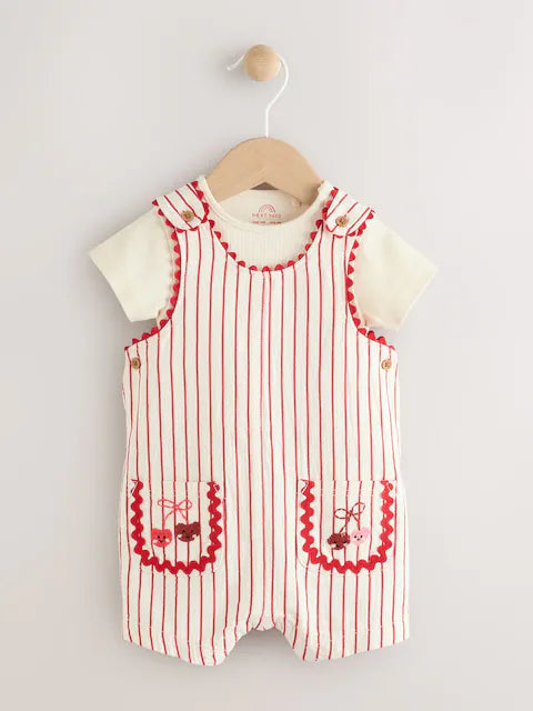 Red Stripe Cherry Short Sleeve Baby Bodysuit and Dungarees Set