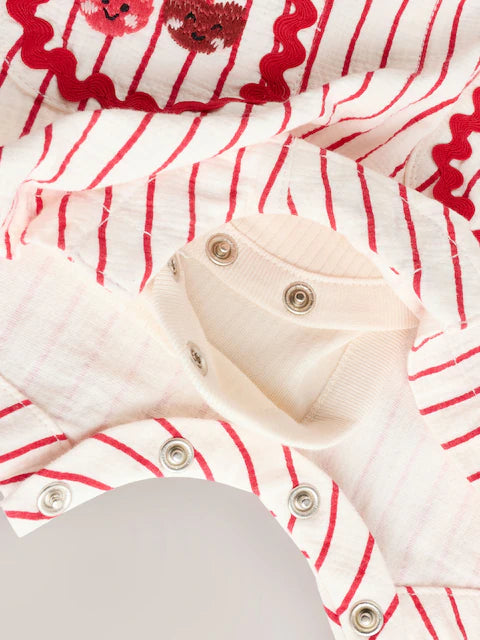 Red Stripe Cherry Short Sleeve Baby Bodysuit and Dungarees Set