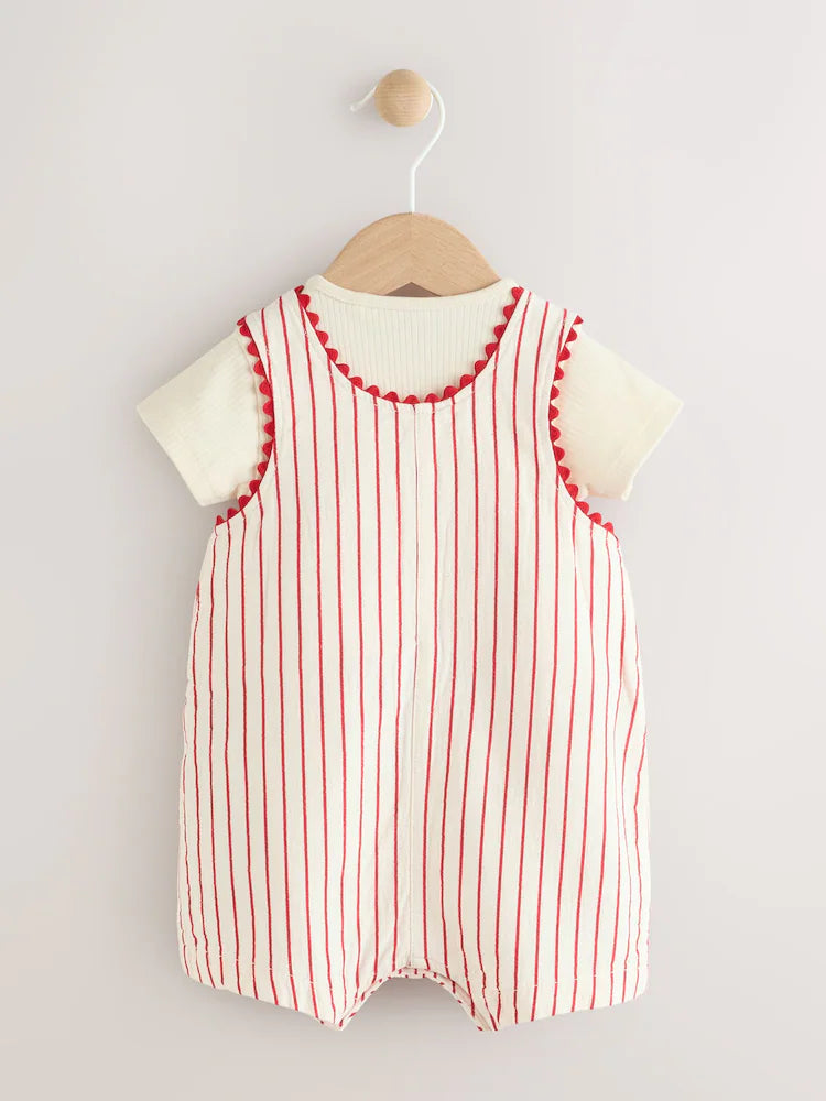 Red Stripe Cherry Short Sleeve Baby Bodysuit and Dungarees Set