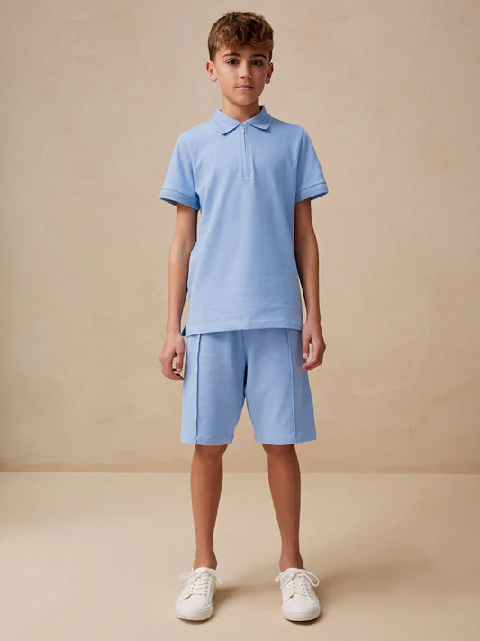 Blue Zip Neck Polo Shirt And Shorts Set