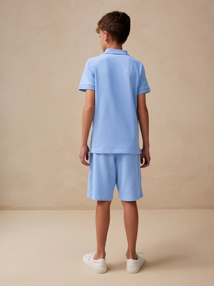 Blue Zip Neck Polo Shirt And Shorts Set