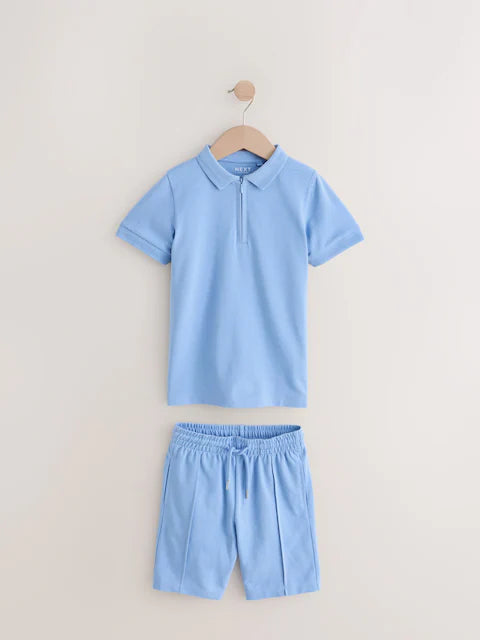 Blue Zip Neck Polo Shirt And Shorts Set