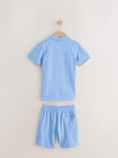 Blue Zip Neck Polo Shirt And Shorts Set