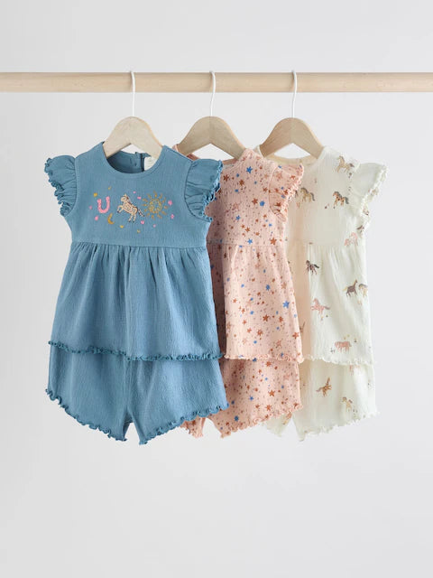 Pink/ White and Blue Horse Baby Frill T-Shirt and Shorts Set 6 Piece