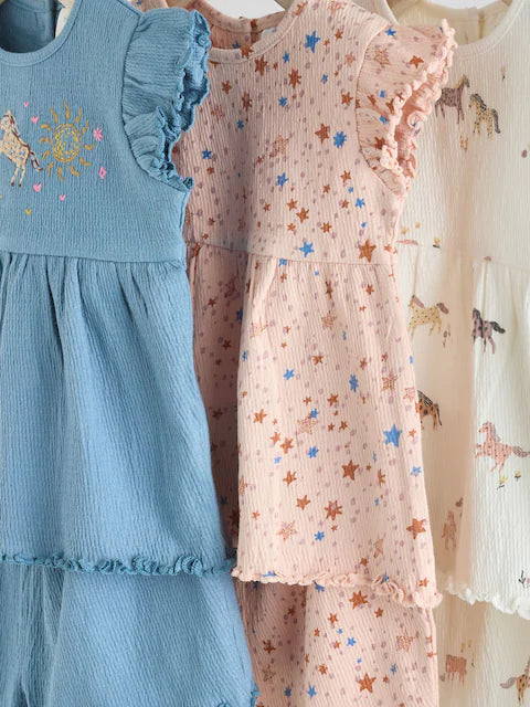 Pink/ White and Blue Horse Baby Frill T-Shirt and Shorts Set 6 Piece