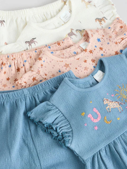 Pink/ White and Blue Horse Baby Frill T-Shirt and Shorts Set 6 Piece