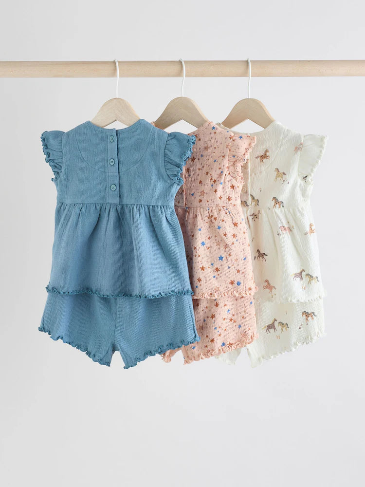 Pink/ White and Blue Horse Baby Frill T-Shirt and Shorts Set 6 Piece