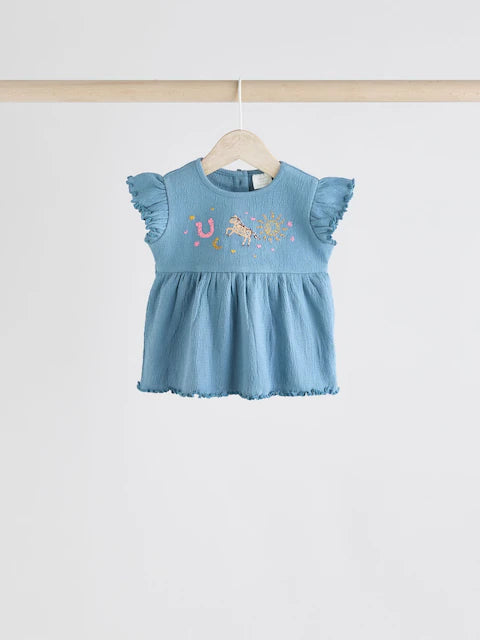 Pink/ White and Blue Horse Baby Frill T-Shirt and Shorts Set 6 Piece