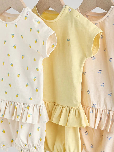 Yellow/ White Fruit Short Sleeve 100% Cotton Baby Top and Shorts Set 6 Piece