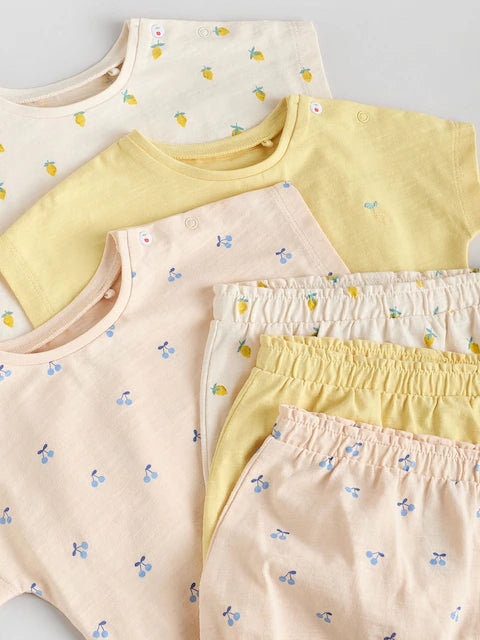 Yellow/ White Fruit Short Sleeve 100% Cotton Baby Top and Shorts Set 6 Piece