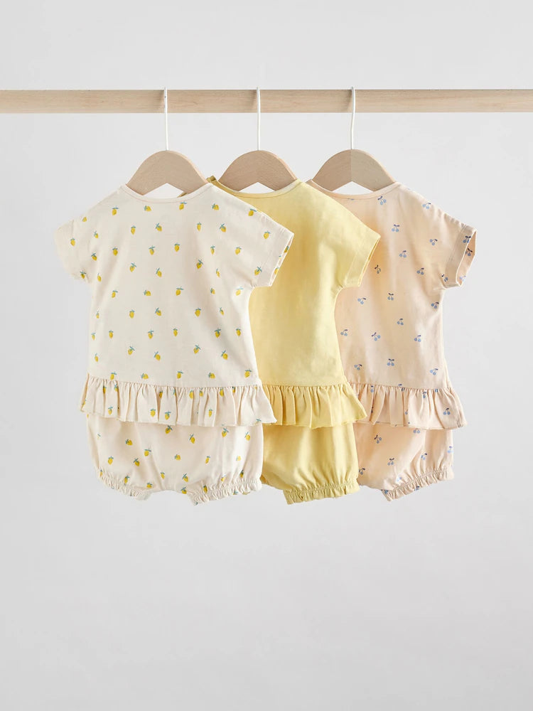 Yellow/ White Fruit Short Sleeve 100% Cotton Baby Top and Shorts Set 6 Piece