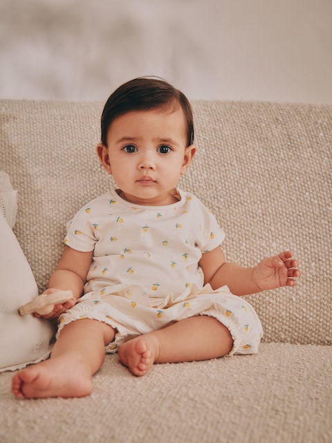 Yellow/ White Fruit Short Sleeve 100% Cotton Baby Top and Shorts Set 6 Piece