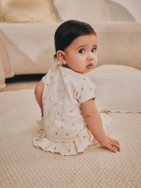 Yellow/ White Fruit Short Sleeve 100% Cotton Baby Top and Shorts Set 6 Piece