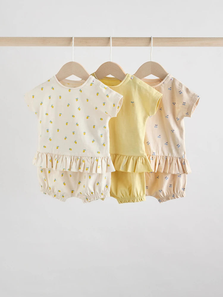 Yellow/ White Fruit Short Sleeve 100% Cotton Baby Top and Shorts Set 6 Piece