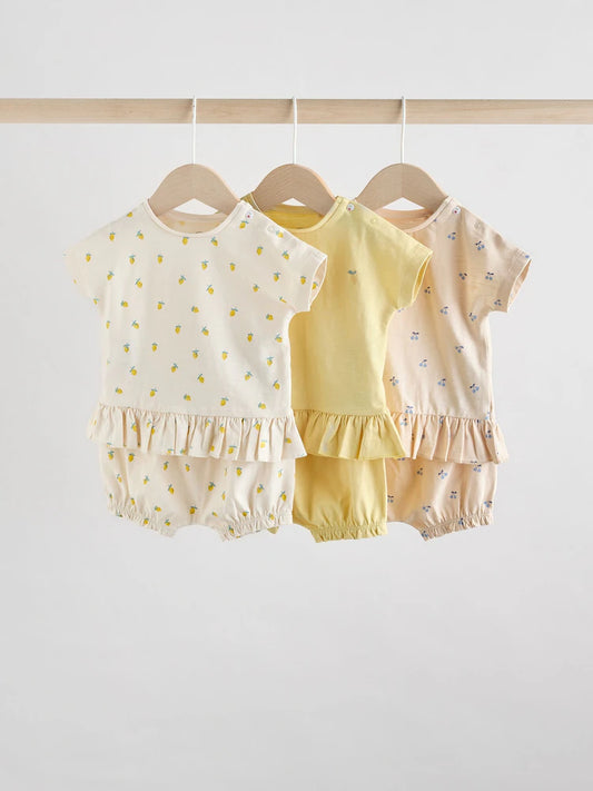 Yellow/ White Fruit Short Sleeve 100% Cotton Baby Top and Shorts Set 6 Piece