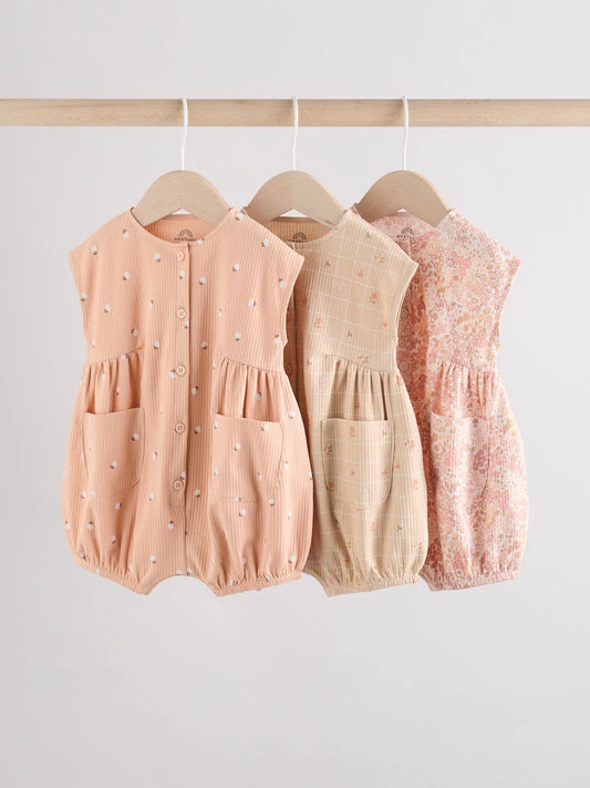 Caramel And Ecru Floral Button Through 3 Pack Baby Rompers