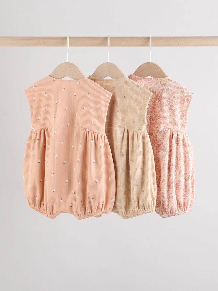 Caramel And Ecru Floral Button Through 3 Pack Baby Rompers